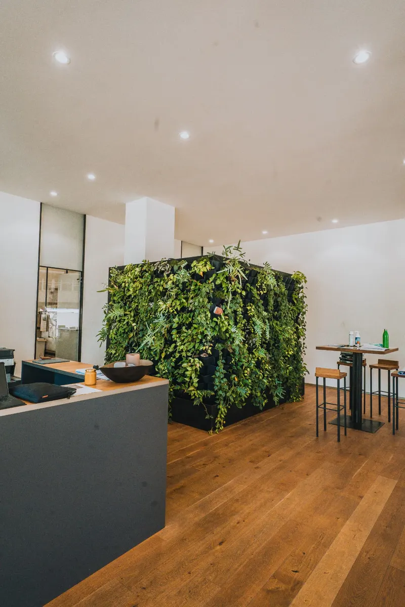 Firmen-Showroom mit vertikaler Pflanzenwand, Interieurfotografie von Team247